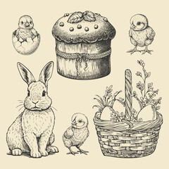 Collection of vector Easter illustrations. Set of rabbits, chickens, baskets, eggs, nest. Hand drawn ink sketches isolated on white. Elements for Easter holiday design, card, poster, print, wrapping