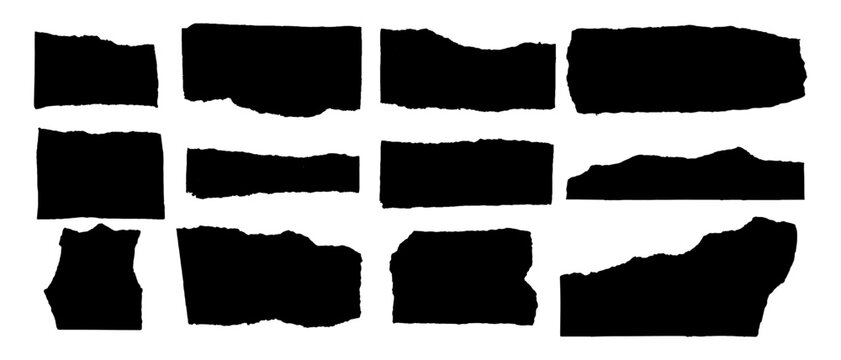 Torn pieces of tape paper, oblong black scotch tapes, vintage silhouette stickers torn edge, vector illustration.