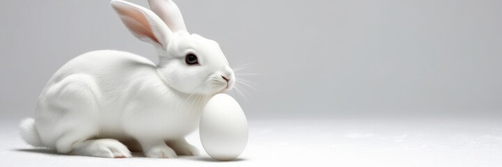 Obraz premium White rabbit and white egg. Copy space for text Easter banner