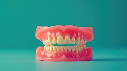 Obraz premium A detailed close-up of upper and lower dentures displayed side by side on a blue background