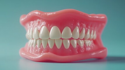 Obraz premium A detailed close-up of upper and lower dentures displayed side by side on a blue background