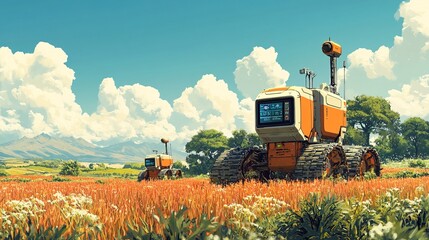 Obraz premium Smart farming with robotic machinery and automated crop monitors in a field, vibrant natural colors 