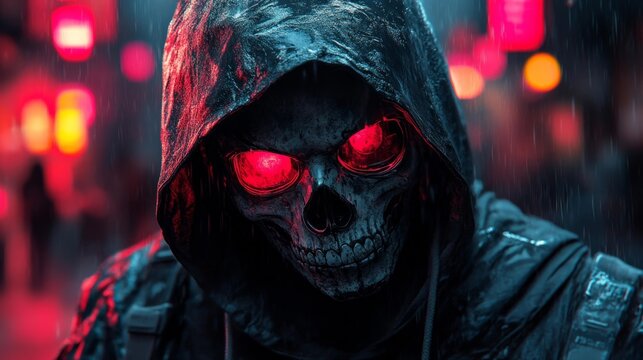 Cyberpunk Hacker with Skull Mask in Neon Glow. Generative AI