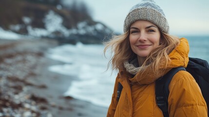 Smiling Middle-Aged Woman on a Beach Walk Embracing Change and Renewal