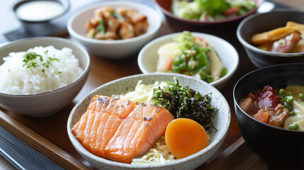 A tray of food with a bowl of rice, a bowl of soup, a bowl of salad
