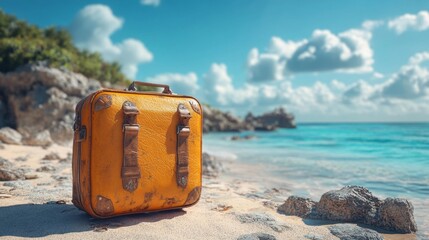 Vintage Yellow Suitcase on a Tropical Beach. Generative AI