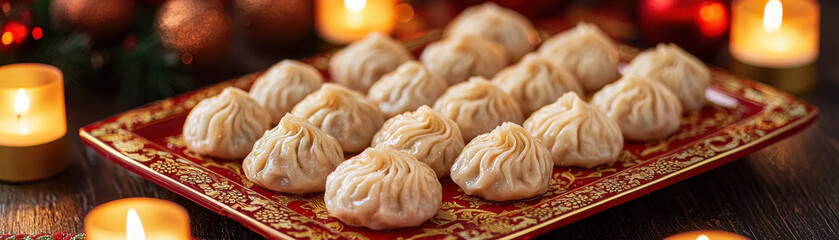 festive display of steamed dumplings on decorative red plate surrounded by warm candlelight