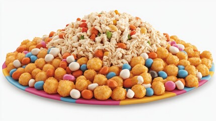 A colorful platter featuring a mound of rice surrounded by various candy-coated snacks.