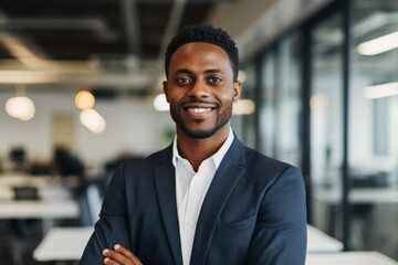 Fototapeta premium Smiling portrait of a young African American businessman in modern office