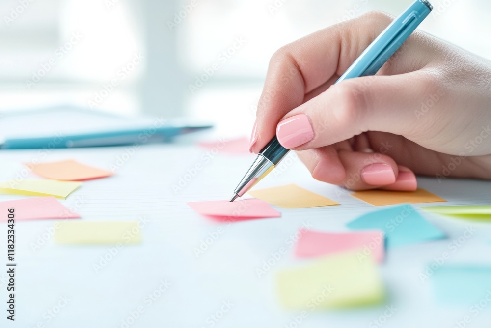Aufkleber focused planning hand writing on colorful sticky notes for productivity and goal setting
