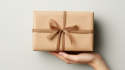 A hand holds a simple brown gift box tied with a matching ribbon. Ideal for showcasing gifts, promotions, or special occasions.