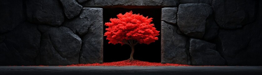 Hope Blooms in the Darkness: A solitary red tree stands tall, bursting with life, against a backdrop of weathered stone. It symbolizes resilience, growth.