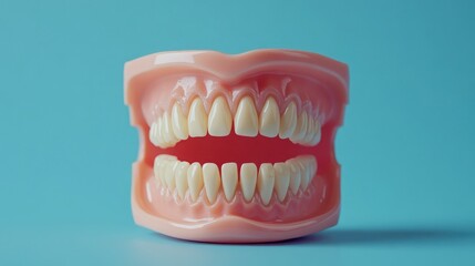 Obraz premium A minimalist composition of dentures resting on white ceramic with a pastel background