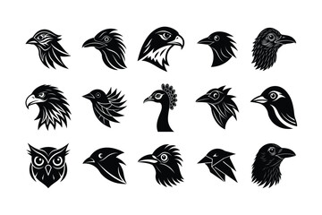 WebBlack Silhouette of Bird Head Icon Set Vector Illustration - Minimalist Bird Logos