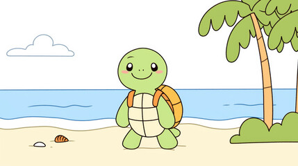 Naklejka premium cheerful turtle with backpack on beach, ready for adventure