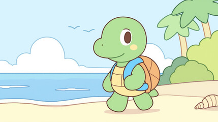 Obraz premium turtle with backpack walking on beach, enjoying sunny day