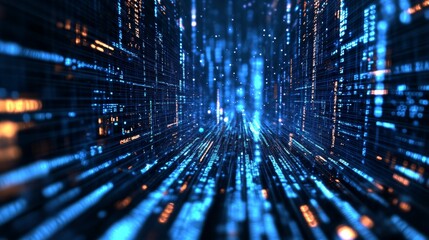 Fototapeta premium Glowing data streams converge in digital tunnel.