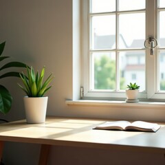 A minimalist desk setup with a small potted plant and a sunny window, greenery, plant