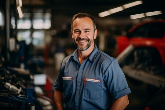 Smiling portrait of a middle aged Caucasian car mechanic in workshop