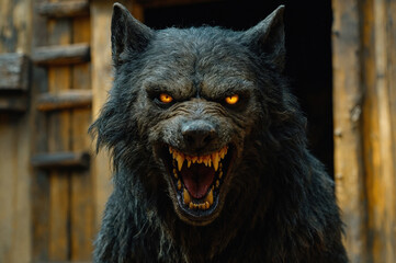 Fierce werewolf with glowing eyes snarling in a rustic outdoor setting