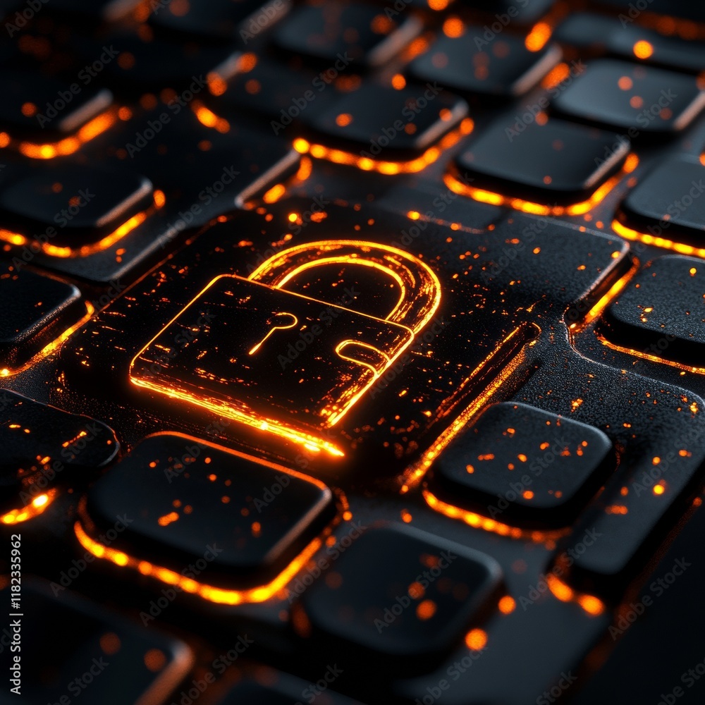 Poster glowing digital lock concept on keyboard cybersecurity and tech safety aesthetic