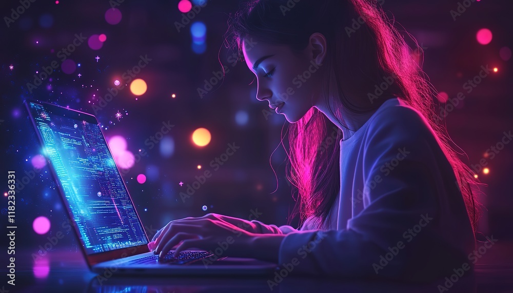 Poster programmer or computer engineer working on a laptop with server room, it, technology and database. c