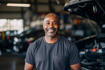 Obraz premium Smiling portrait of a middle aged African American car mechanic in workshop