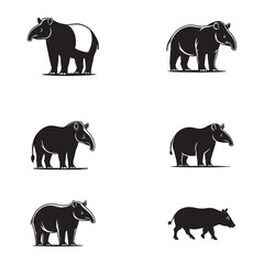Tapir silhouette set vector art  illustration black color design and solid white background 