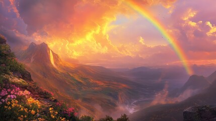 Obraz premium The lush valley is framed by a radiant rainbow under a fiery sunset, while dark storm clouds linger on the horizon, creating a striking contrast.