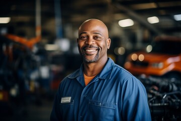 Fototapeta premium Smiling portrait of a middle aged African American car mechanic in workshop