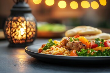 Ramadan Delicious Chicken and Rice Dinner with Naan Bread Warm Lighting