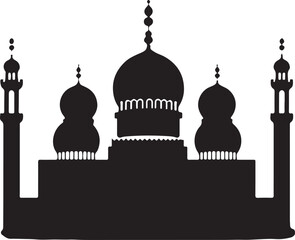 Islamic mosque silhouette vector Black silhouette of a Islamic mosque and crescent with lanterns. Eid Mubarak logo. vector illustration