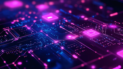 Obraz premium Circuito tecnológico iluminado en tonos rosados y azules