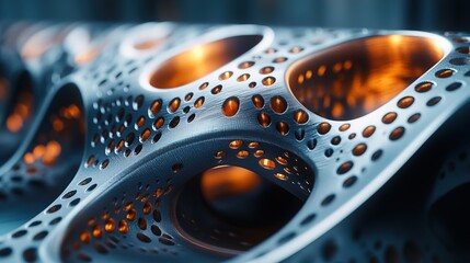 Close-up of a 3D printed object in a high-tech lab, metallic textures and precise details 