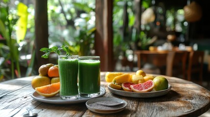 A healthy breakfast setup with fruits, yogurt, and green smoothies on a wooden table, creating a lifestyle wellness vibe