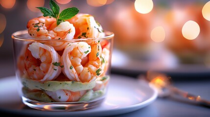 Shrimp cocktail served in a glass with mint garnish and blurred bokeh background during an elegant dinner setting