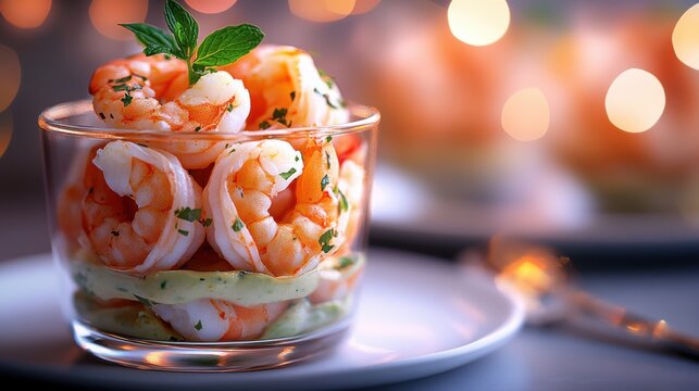 Shrimp cocktail served in a glass with mint garnish and blurred bokeh background during an elegant dinner setting
