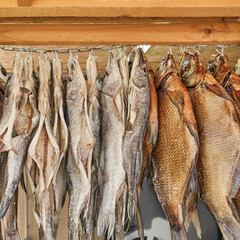 Row of dried fish hanging on hooks on outdoor rural market