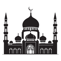 Islamic mosque silhouette vector Black silhouette of a Islamic mosque and crescent with lanterns. Eid Mubarak logo. vector illustration