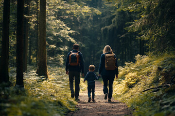 Family enjoys a peaceful hike through a misty forest surrounded by tall trees and soft green foliage during early morning hours