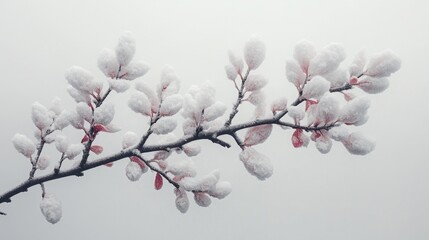 Snow-Covered Branch with Red Accents. Generative AI