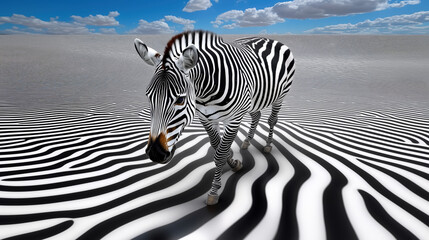 Fototapeta premium Zebra Walking Across Black and White Lines, Creating Optical Art with Striking Contrast, Minimalistic Design. 