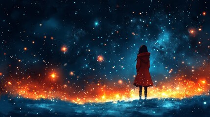 Obraz premium Girl in red coat gazing at a vibrant, starry night sky over a fiery landscape.