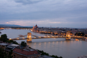 Budapest at the dusk  with the Chain Bridge and the Parliament. Hungary