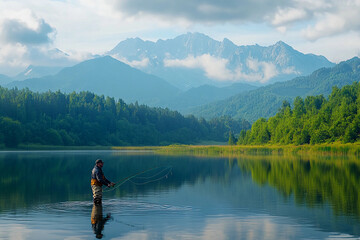 Quiet lake fishing by a mountain landscape under a cloudy sky in a serene natural setting