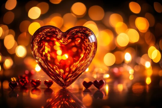 A charming red heart is set against a hazy dark red background sprinkled with confetti and hearts, perfect for a matchmaking holiday gathering or a Valentine's Day congratulatory note