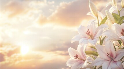 Funeral Mockup Background with Text Space, Sunset Sky and Lilies