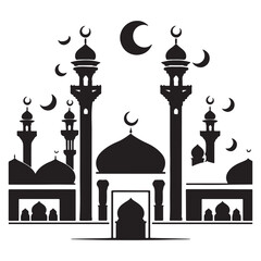 Islamic mosque silhouette vector Black silhouette of a Islamic mosque and crescent with lanterns. Eid Mubarak logo. vector illustration