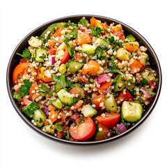 A vibrant bowl of fresh tabbouleh salad featuring parsley, tomatoes, cucumber, and bulgur wheat, perfect for healthy dining.
