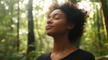 A woman practicing mindfulness meditation outdoors in a serene forest, promoting mental health and relaxation